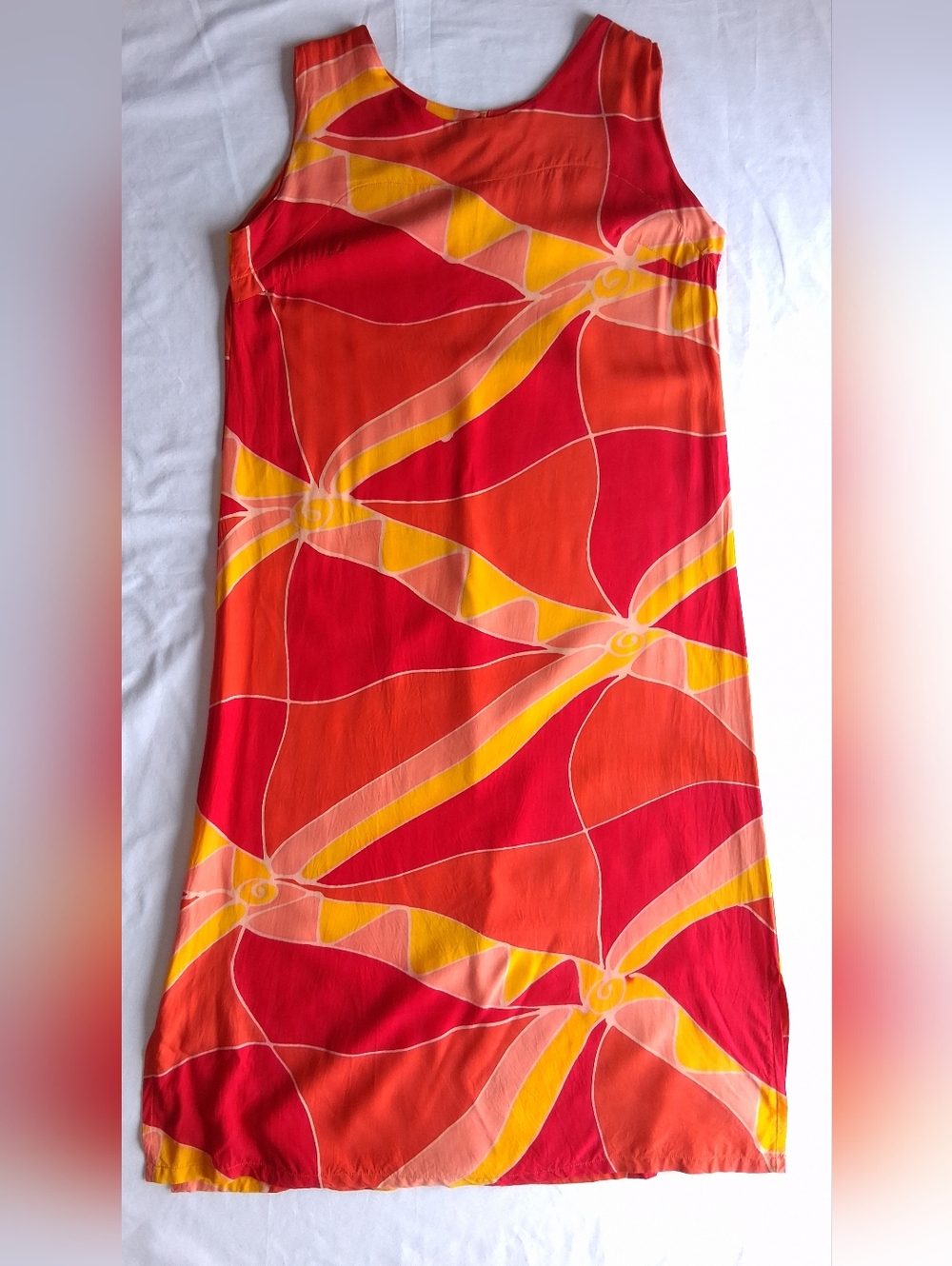 Vintage Dress Maxi Beach Sundress Red Orange Abstract Batik Print Size L